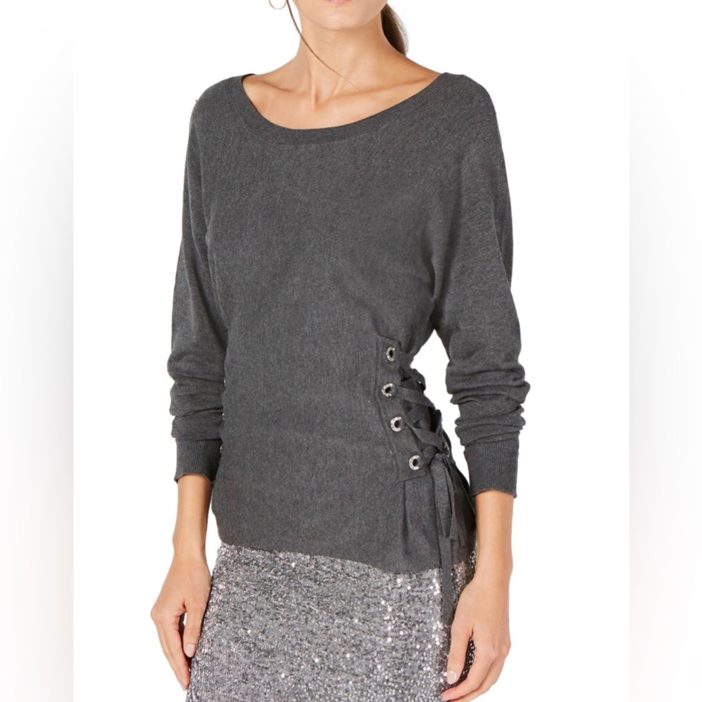 I-N-C Womens Lace Up Sides Pullover Sweater, Grey, Large
